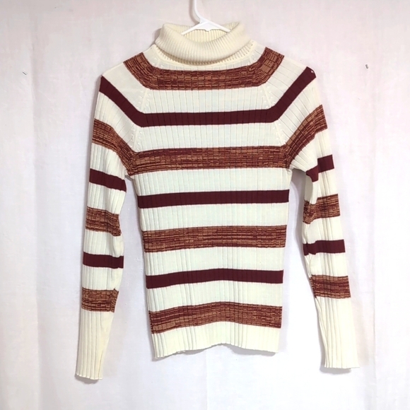 Vintage Sweaters - Vintage Mancraft Knits White Brown Striped Ribbed Turtleneck Sweater Size Small